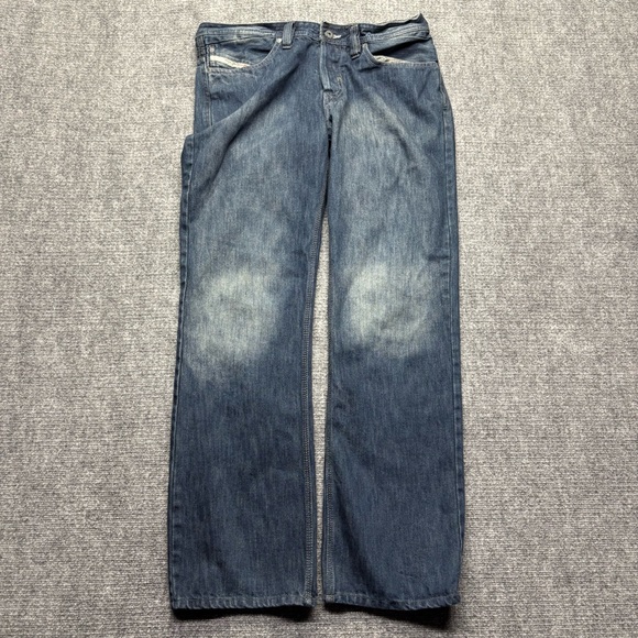 Diesel Jeans Mens 36x32 Blue Straight Leg Distressed Denim Zip Pocket Button Fly - Picture 1 of 13